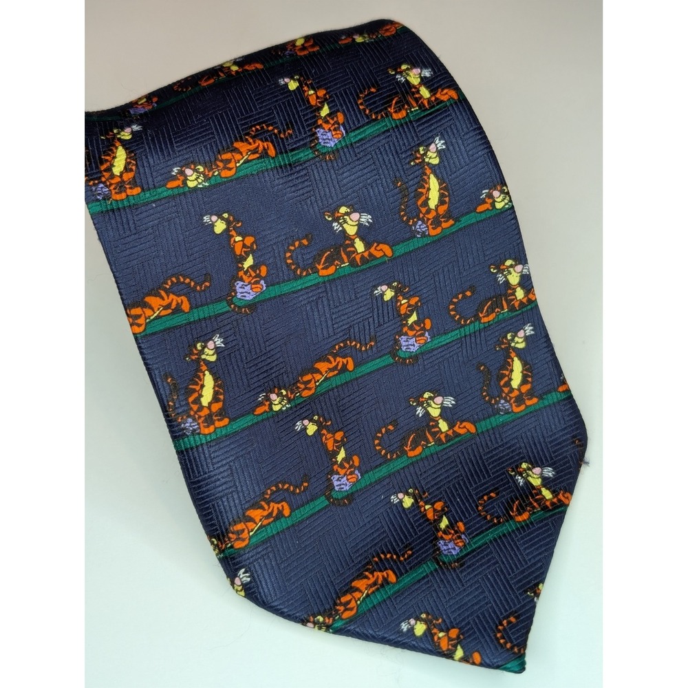 Vintage Disney Pooh Tigger Navy Blue Basketweave Men's Necktie 90s Retro Tie
